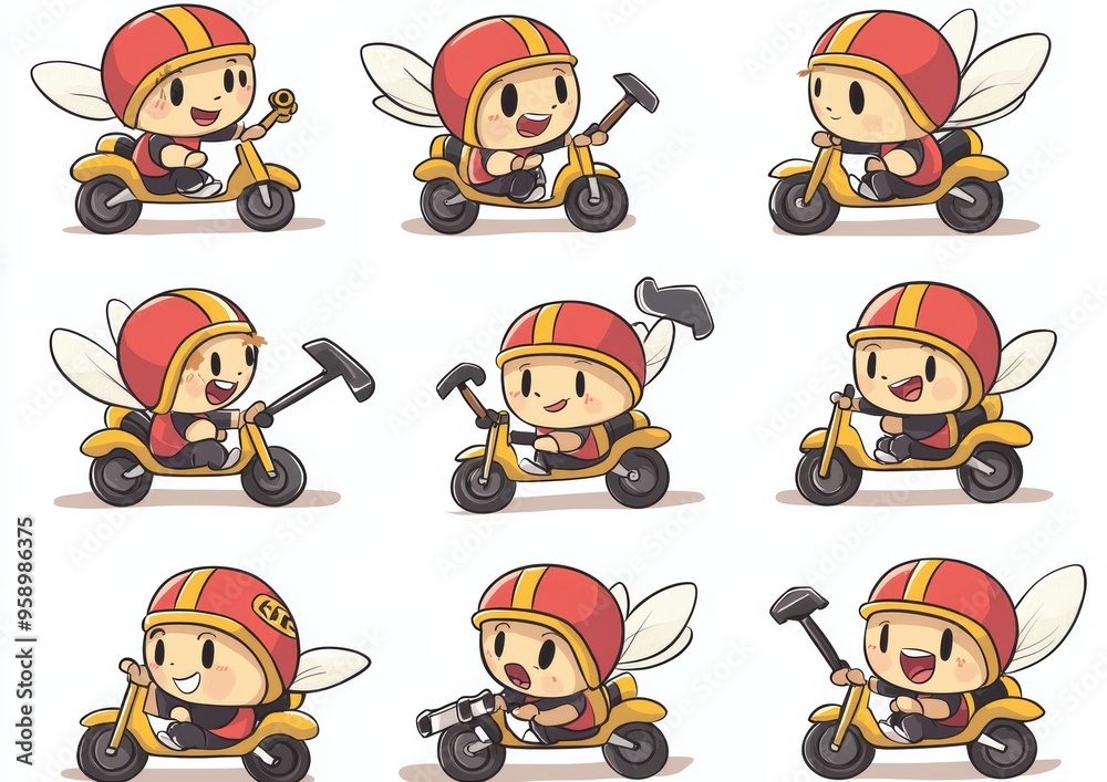 An illustration of a cartoon bee in different poses doing things such ...