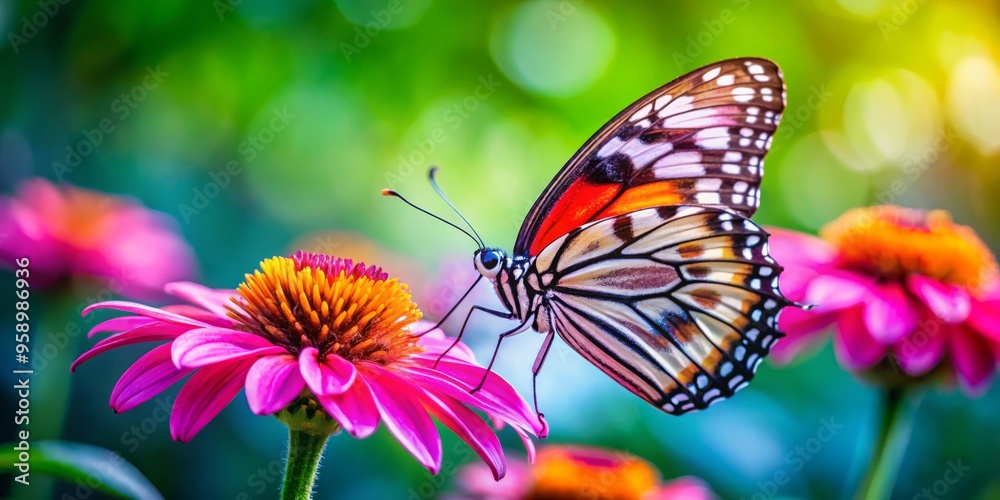 Closeup of a Butterfly on a Pink Flower, Natural Light, Vivid Colors, Detailed Wing Patterns, Summer Garden, Butterfly, Flower Closeup of a Butterfly on a Pink Flower, Natural Light, Vivid Colors, Detailed Wing Patterns, Summer Garden, Butterfly, Flower