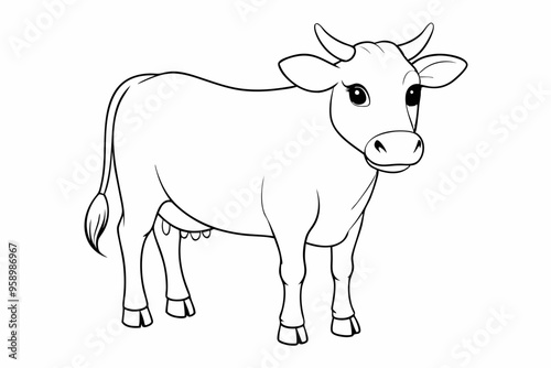Cute cartoon cow outline for coloring, playful design, fun activity, copy space

