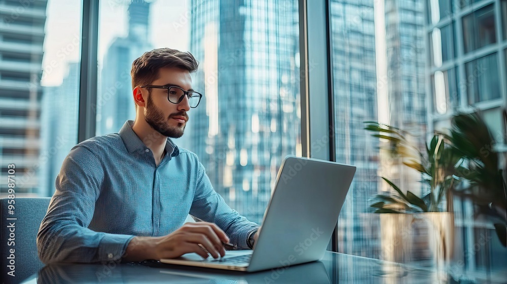 A focused man works on his laptop in a modern office with a stunning city view, capturing productivity and urban lifestyle. A focused man works on his laptop in a modern office with a stunning city view, capturing productivity and urban lifestyle.