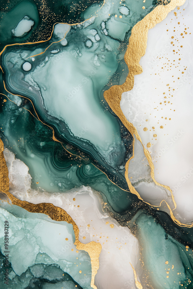 Luxurious marble texture. Green and gold abstract background. Generative AI.