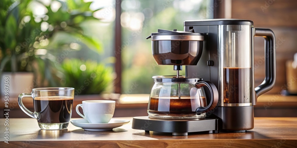 Coffee Maker with Fresh Brew, Glass Carafe, Wooden Table, coffee, maker, kitchen