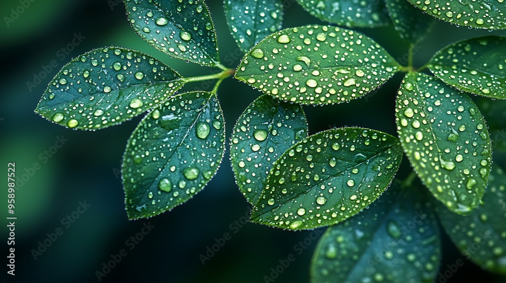 Close-up of green leaves with dew drops. Close-up of green leaves with dew drops.