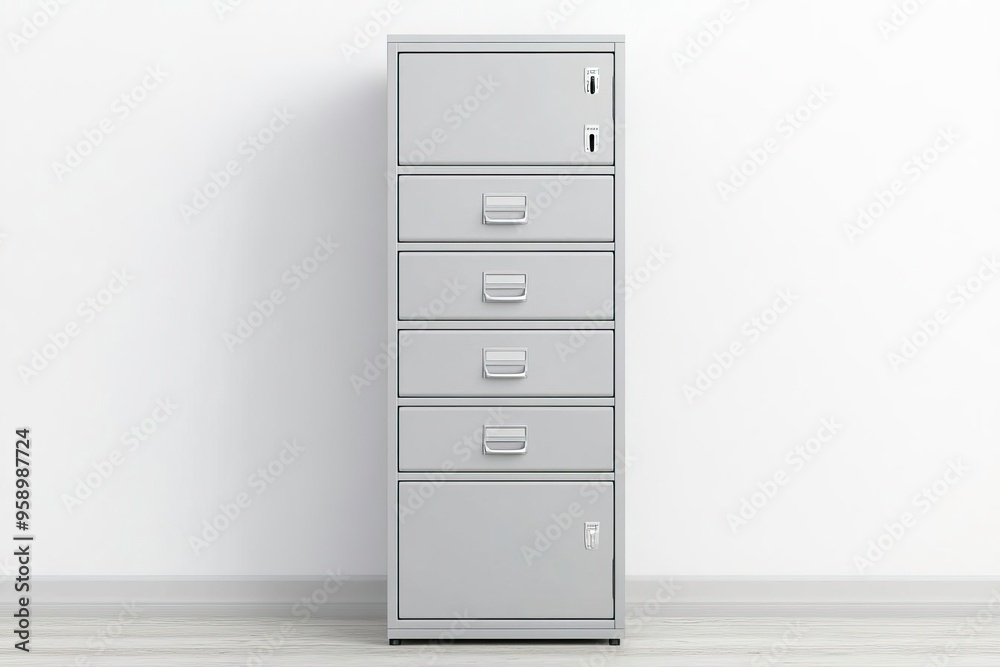 A modern grey filing cabinet with five drawers, perfect for organizing documents in an office environment. A modern grey filing cabinet with five drawers, perfect for organizing documents in an office environment.