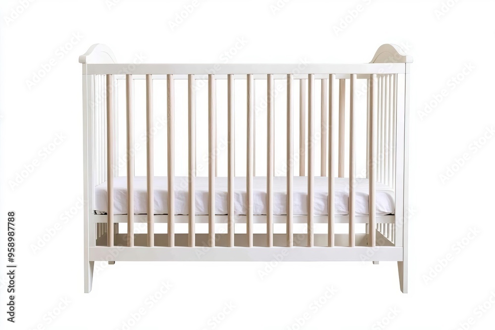 A modern white crib designed for infants, featuring slatted sides for visibility and ventilation, ideal for nursery decor. A modern white crib designed for infants, featuring slatted sides for visibility and ventilation, ideal for nursery decor.