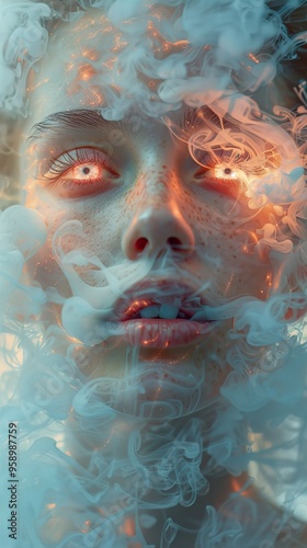 A woman's face partially obscured by swirling smoke with glowing white eyes.