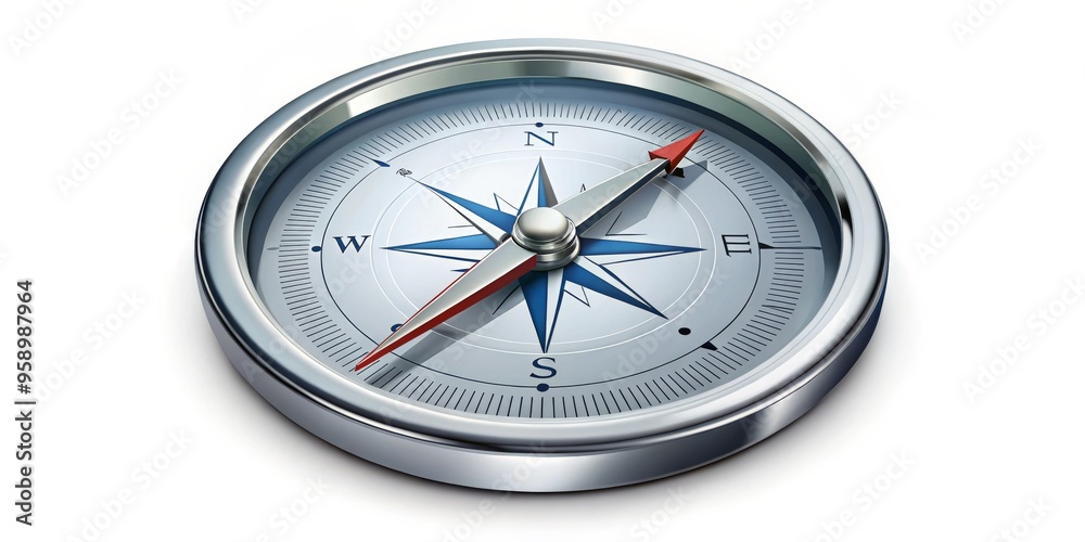 Compass with a Red Needle Pointing North, 3D Render, Silver Compass, White Background, Navigation, Direction, Orientation Compass with a Red Needle Pointing North, 3D Render, Silver Compass, White Background, Navigation, Direction, Orientation