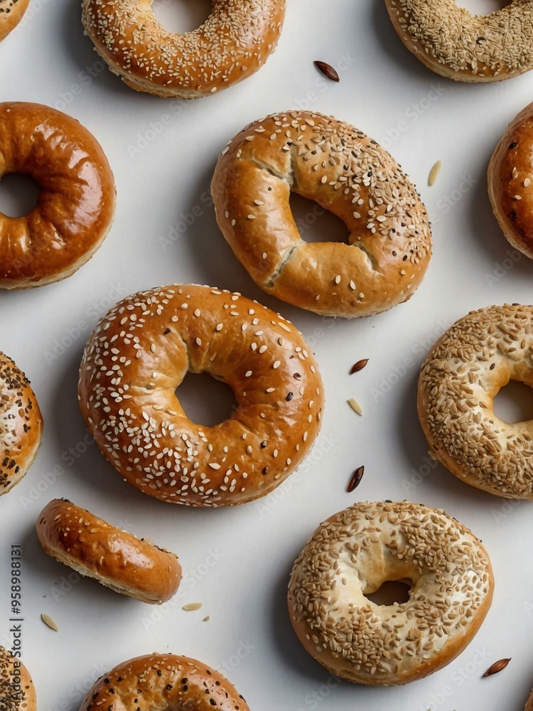 Watercolor illustration of plain and sesame seed bagels on a white background, perfect for bakery branding. Watercolor illustration of plain and sesame seed bagels on a white background, perfect for bakery branding.