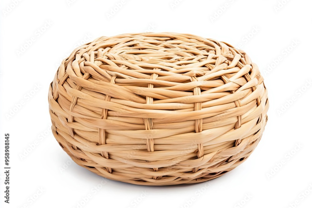 A round woven basket made from natural materials, showcasing intricate craftsmanship and a rustic design for home decor. A round woven basket made from natural materials, showcasing intricate craftsmanship and a rustic design for home decor.