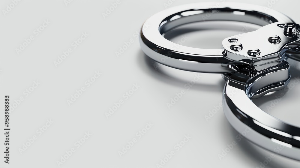 A close-up view of shiny metal handcuffs, symbolizing law enforcement, justice, and restraint on a soft gray background. A close-up view of shiny metal handcuffs, symbolizing law enforcement, justice, and restraint on a soft gray background.