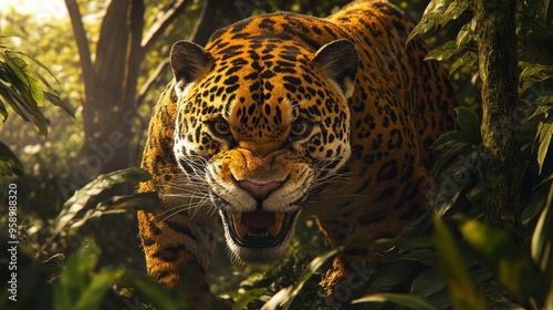 Jaguar Snarling in Jungle, Hyper-Realistic Close-Up, Golden Fur photo