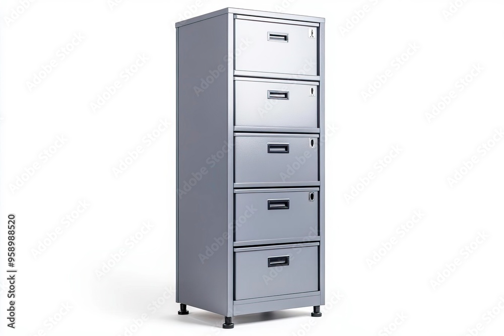 A sleek, modern file cabinet featuring four drawers, ideal for organizing documents and enhancing office decor. A sleek, modern file cabinet featuring four drawers, ideal for organizing documents and enhancing office decor.