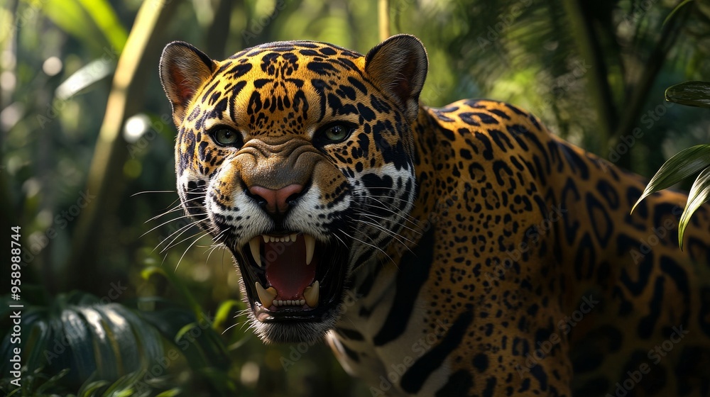 Jaguar Snarling in Jungle, Hyper-Realistic Close-Up, Golden Fur Jaguar Snarling in Jungle, Hyper-Realistic Close-Up, Golden Fur