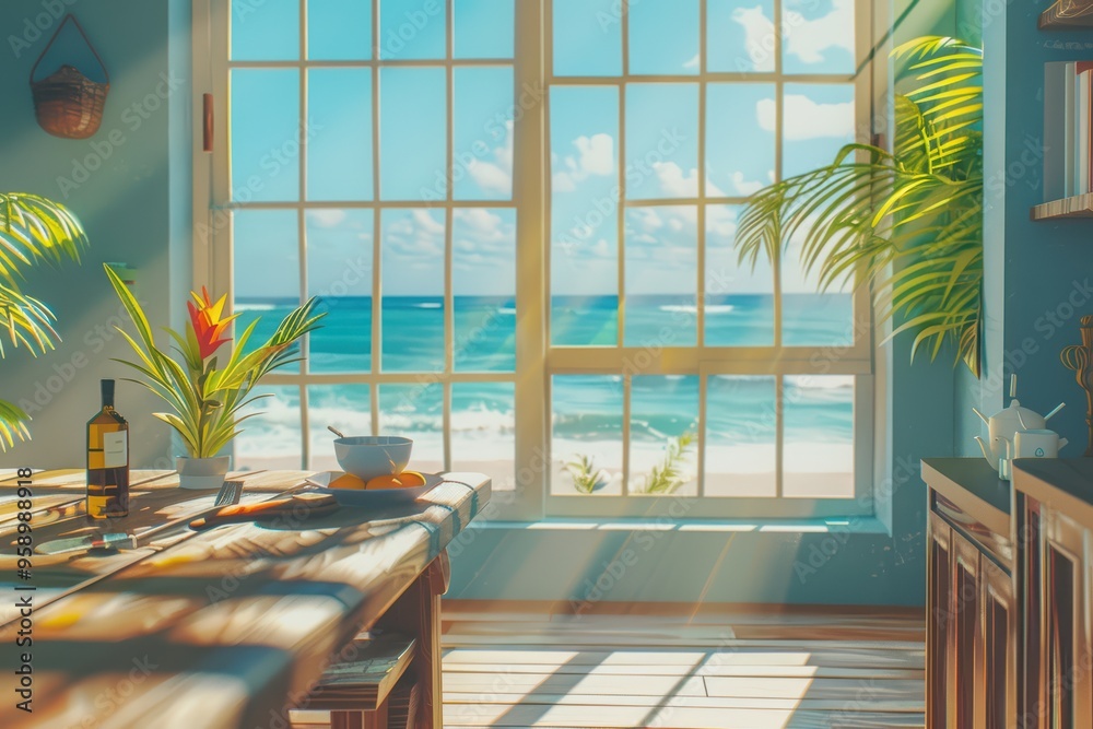 © Sweettymojidesign - A bright beachside kitchen with ocean views, featuring wooden decor and tropical plants, perfect for relaxation and dining.