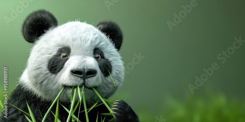 A cute panda munching on fresh grass in a serene environment, capturing the charm and playful nature of these beloved animals. photo