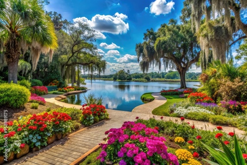 Serenene lakeside oasis with vibrant flowers, lush greenery, and meandering walkways in Lakeland, Florida's Hollis Garden, perfect for relaxation and nature escapes.