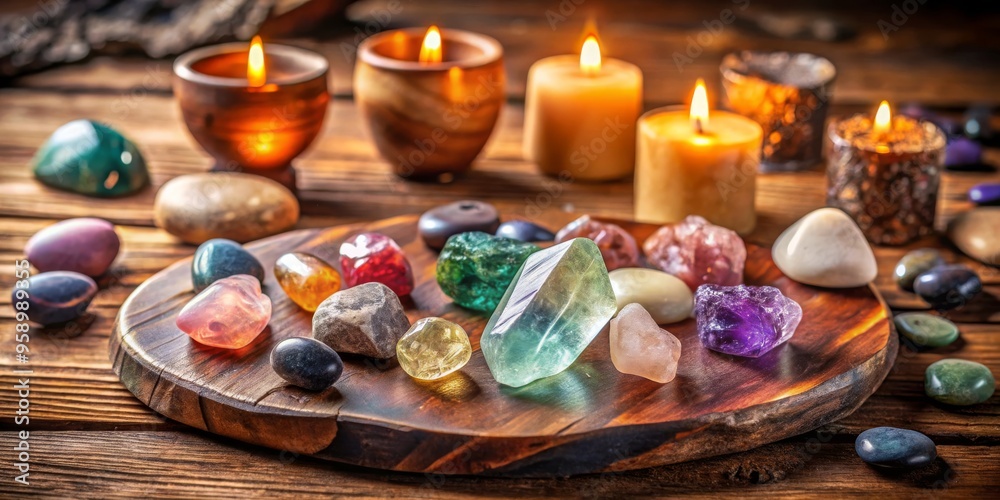 Crystals and Candles on Wooden Surface An Arrangement of Colorful Gems and Burning Flames, candle , crystal, chakra Crystals and Candles on Wooden Surface An Arrangement of Colorful Gems and Burning Flames, candle , crystal, chakra
