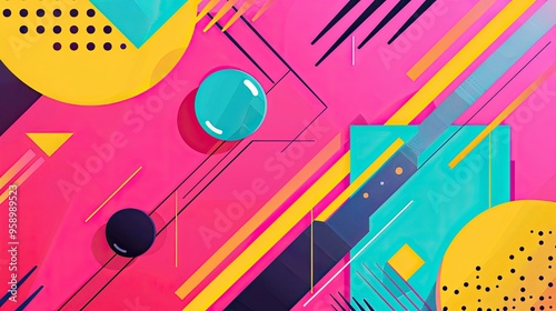90s retro aesthetic with vibrant colors, geometric shapes, minimalist, copy space, illustration style