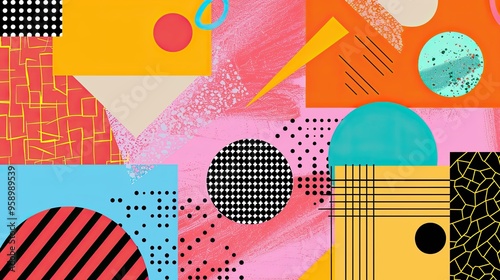 90s retro aesthetic with vibrant colors, geometric shapes, minimalist, copy space, illustration style