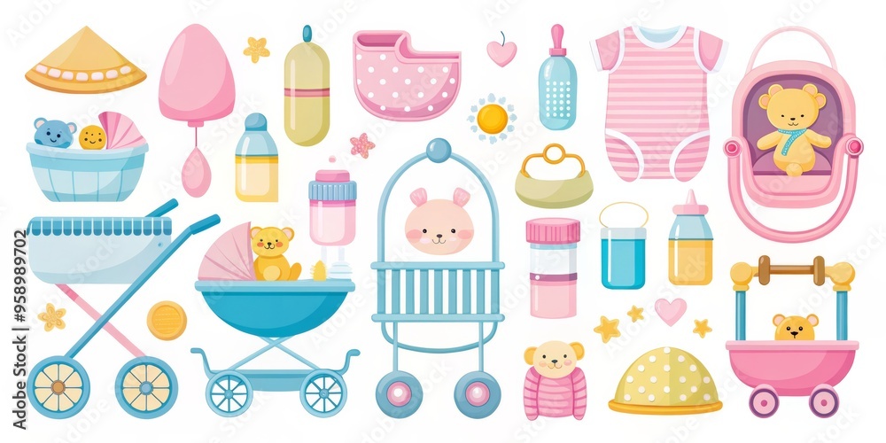 Cute Baby Accessories A Collection of Adorable Cartoon Strollers, Cribs, and Toys, baby, stroller, toy Cute Baby Accessories A Collection of Adorable Cartoon Strollers, Cribs, and Toys, baby, stroller, toy