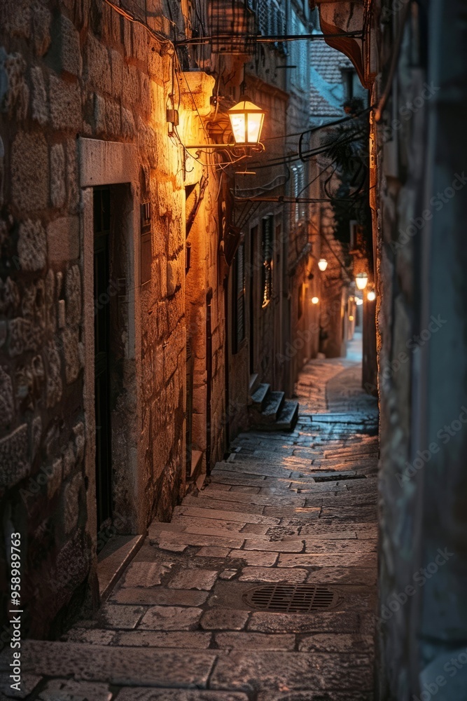 A narrow alleyway in an ancient city, deserted, with dim lanterns casting long shadows on the stone walls A narrow alleyway in an ancient city, deserted, with dim lanterns casting long shadows on the stone walls