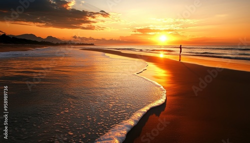 Person standing on a beach at dawn, ready to begin a new day photo