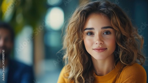 A young woman with curly hair and a warm smile, sitting in a modern outdoor cafe, exuding confidence and joy.