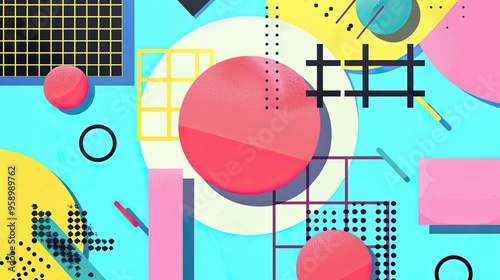 90s retro aesthetic with vibrant colors, geometric shapes, minimalist, copy space, illustration style