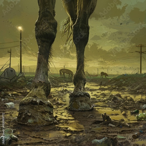 A nauseating close-up of horse hooves, caked with mud and filth as he stands forlornly in a desolate paddock littered with trash and debris. The sickly yellow light of a flickering streetlamp