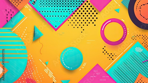 90s retro aesthetic with vibrant colors, geometric shapes, minimalist, copy space, illustration style