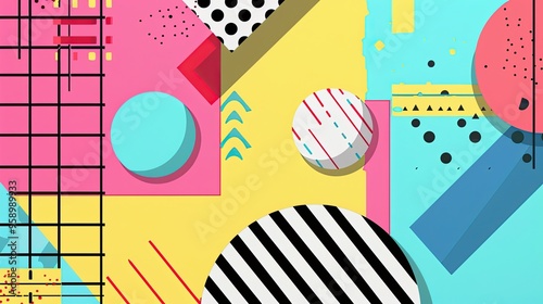 90s retro aesthetic with vibrant colors, geometric shapes, minimalist, copy space, illustration style