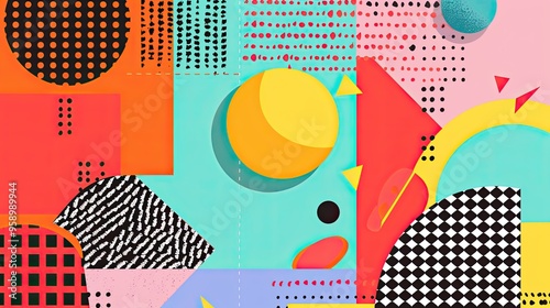 90s retro aesthetic with vibrant colors, geometric shapes, minimalist, copy space, illustration style