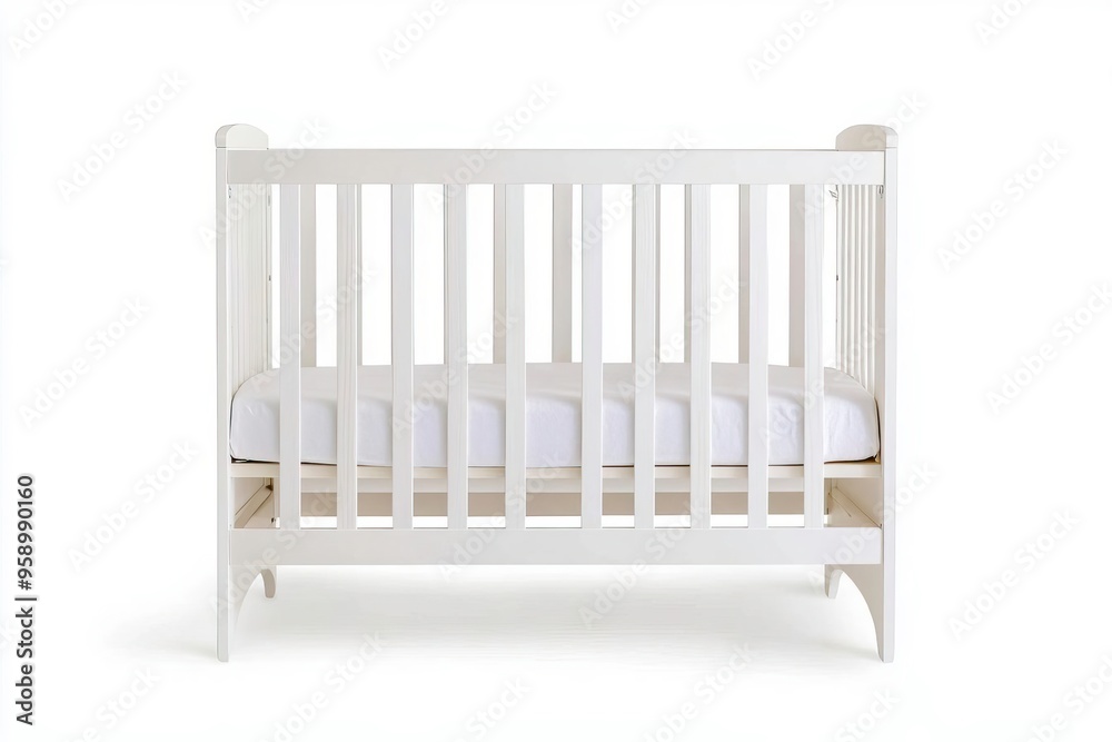 Classic white crib with a simple design, perfect for a nursery setting, offering safety and comfort for infants and toddlers. Classic white crib with a simple design, perfect for a nursery setting, offering safety and comfort for infants and toddlers.