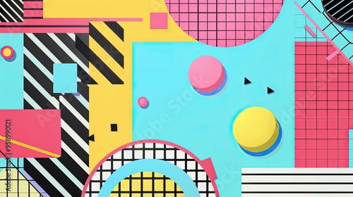 90s retro aesthetic with vibrant colors, geometric shapes, minimalist, copy space, illustration style