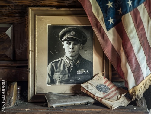 A nostalgic composition of an old, framed photograph of a young soldier in uniform, placed next to a yellowed draft letter and a folded American flag, set on a wooden mantelpiece, evoking memories