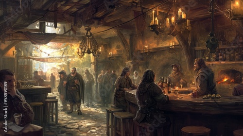 weary but determined adventurer taking a moment to rest in a medieval tavern. The atmosphere is filled with camaraderie, and the background hints at various quests and treasures.