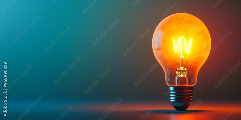 A glowing incandescent light bulb illuminates a dark background, casting a warm, orange hue.
