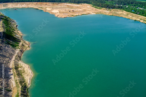 Aerial view of a large flooded sand quarry. Bolotsky quarry, Kaluga region, Russia