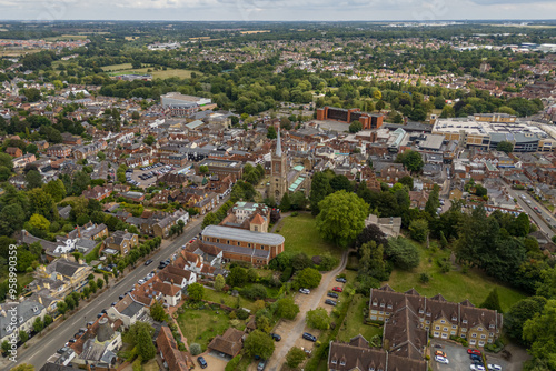 Aerial drone view over the town of Bishops Stortford in England
