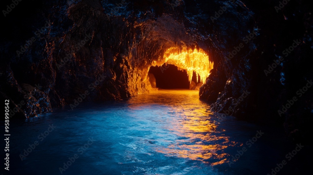 A dark cave entrance with glowing orange light emanating from within, reflecting on the calm blue water. A dark cave entrance with glowing orange light emanating from within, reflecting on the calm blue water.
