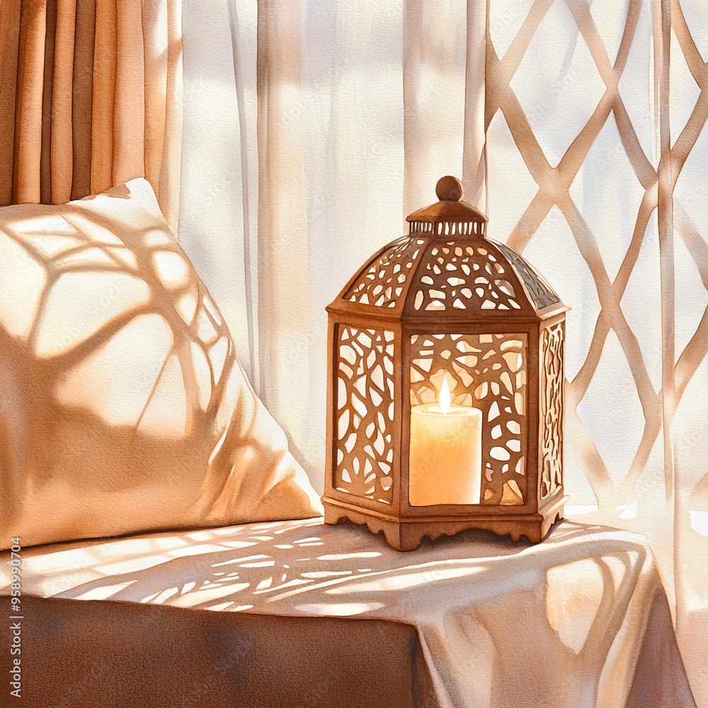 A decorative lantern with a lit candle sits on a table in front of a window, casting shadows on a white pillow. A decorative lantern with a lit candle sits on a table in front of a window, casting shadows on a white pillow.