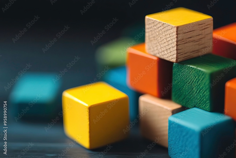 Colorful wooden blocks stacked together, showcasing vibrant hues and textures that inspire creativity and playful learning.