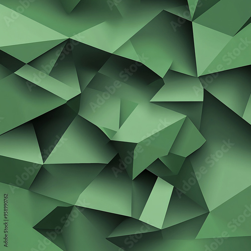  A design of overlapping green polygons with a 3D effect. 