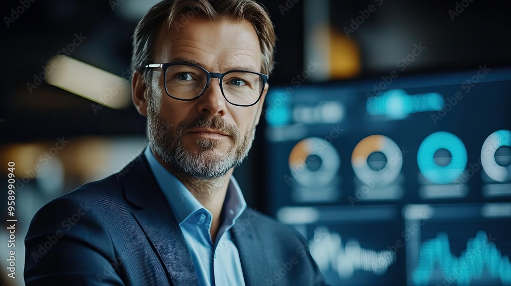 Confident businessman in glasses analyzing data on digital screen in modern office setting. Professional and contemporary atmosphere. Confident businessman in glasses analyzing data on digital screen in modern office setting. Professional and contemporary atmosphere.