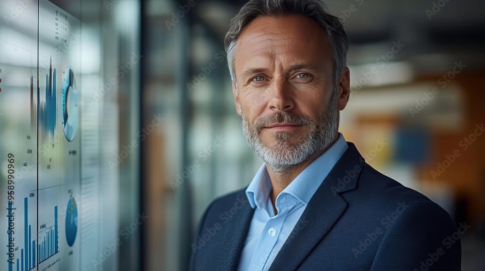 Confident businessman standing in office, analyzing data on glass wall. Professional attire, conveys leadership and determination. Confident businessman standing in office, analyzing data on glass wall. Professional attire, conveys leadership and determination.