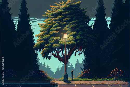 treesand street light pixel art photo