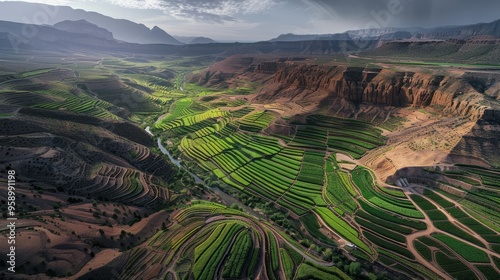 A panoramic aerial shot of a traditional Karez irrigation system winding through a vast, arid landscape, with the underground channels subtly indicated by rows of lush, green vegetation on the surface