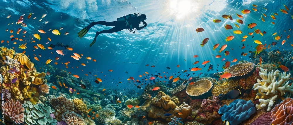 Naklejka premium A panoramic photograph capturing a professional diver suspended mid-air above a vibrant coral reef, surrounded by a kaleidoscope of tropical fish and illuminated by the golden rays of the sun