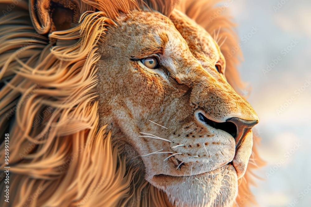Naklejka premium A majestic lion with a detailed mane, showcasing the beauty and strength of this magnificent creature in its natural habitat.