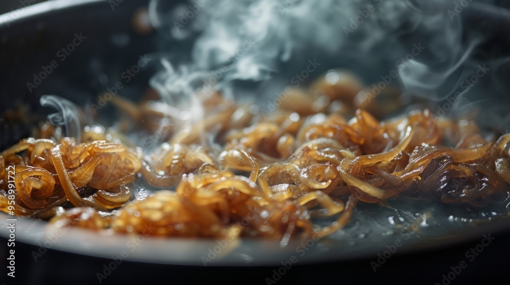 caramelized onions in a pan, capturing the golden-brown color and rich aroma. The close-up shot emphasizes the sizzling and caramelization process, creating a sensory experience caramelized onions in a pan, capturing the golden-brown color and rich aroma. The close-up shot emphasizes the sizzling and caramelization process, creating a sensory experience